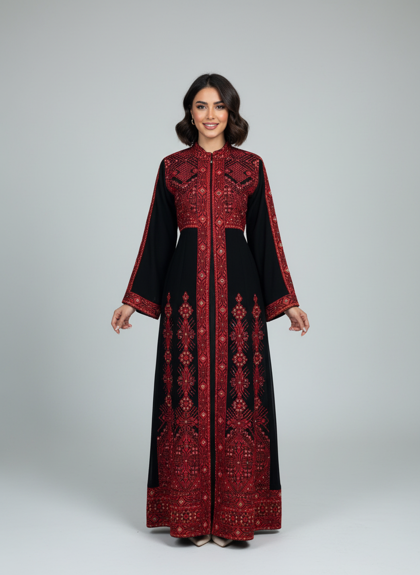 ثوب تراثي فلسطيني - تطريز أحمر على أسود