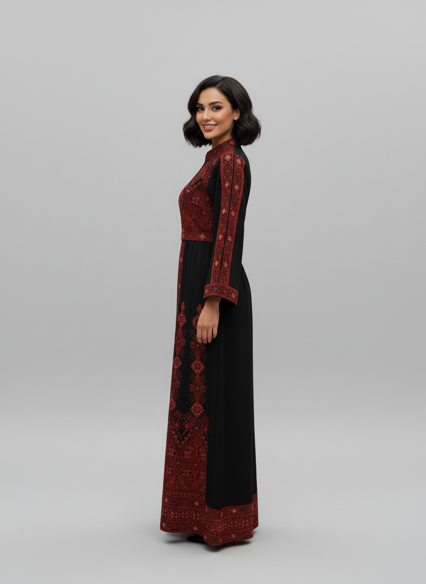 ثوب تراثي فلسطيني - تطريز أحمر على أسود