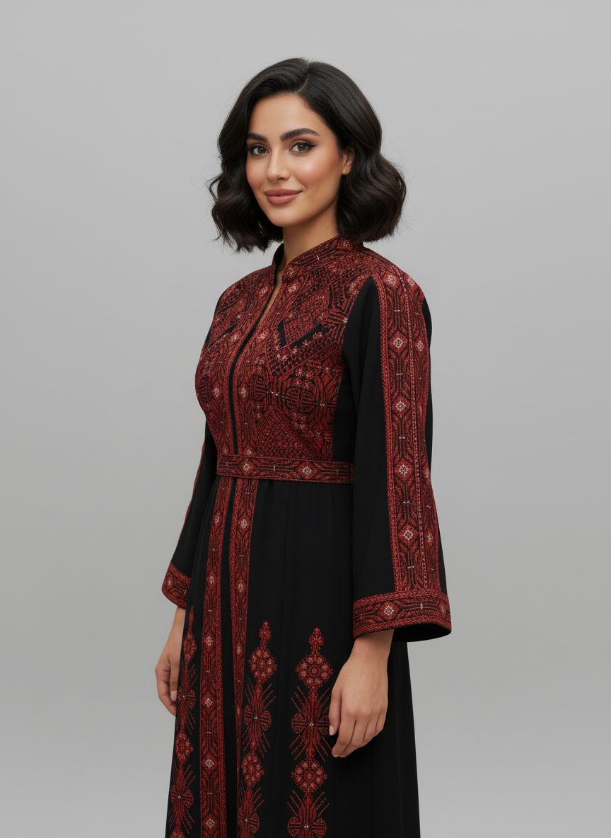 ثوب تراثي فلسطيني - تطريز أحمر على أسود