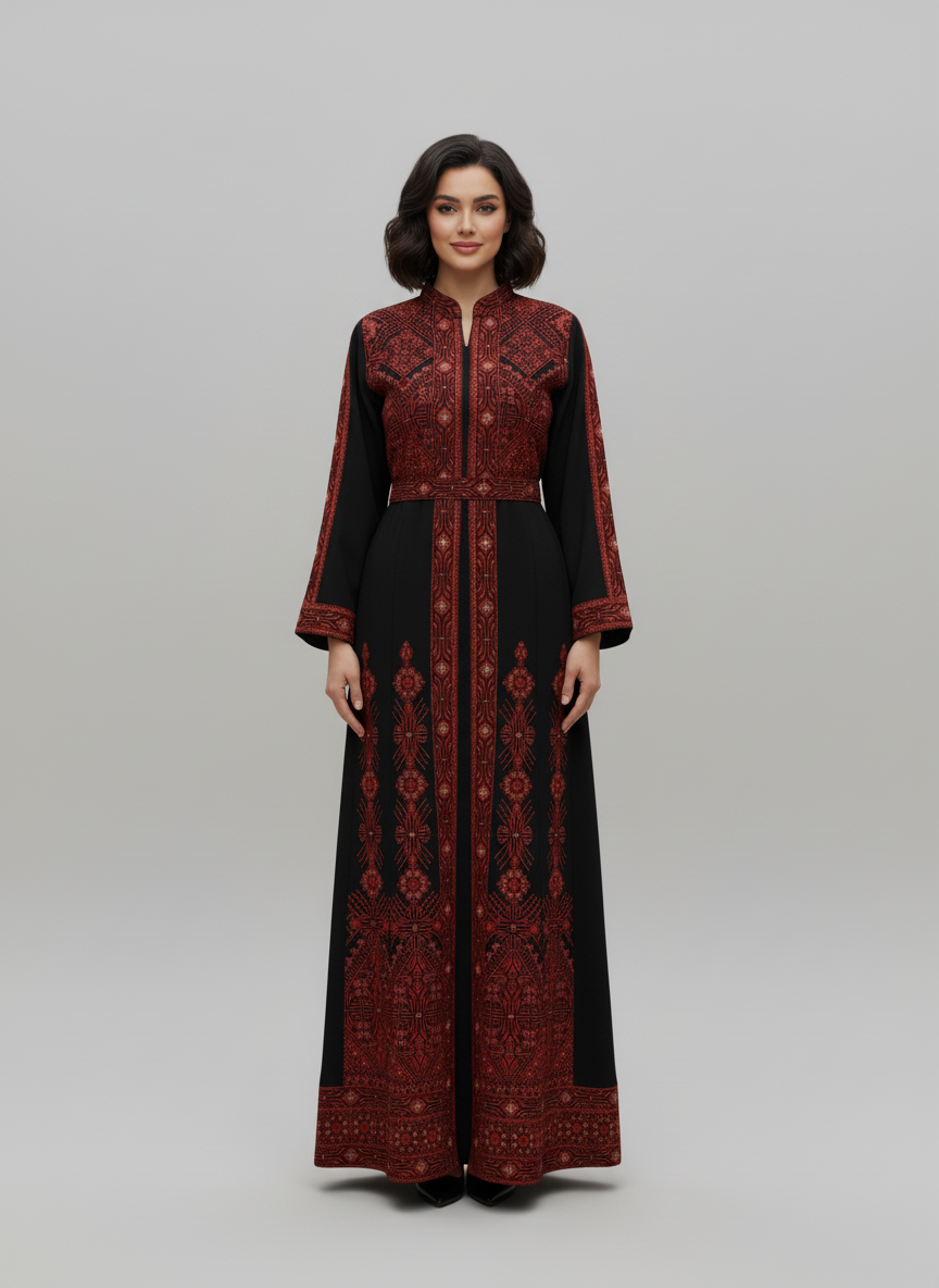 ثوب تراثي فلسطيني - تطريز أحمر على أسود